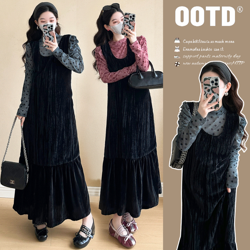 时髦孕妇装2025春季新款孕妇丝绒气质鱼尾背心裙波点泡泡袖打底衫