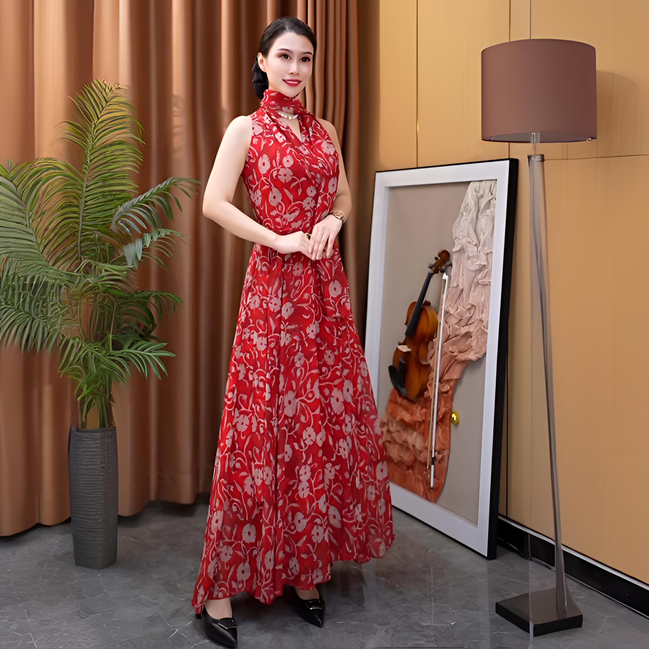 香衣丽华17-391夏季新款挂脖V领数码印花大摆过膝连衣裙修身显瘦