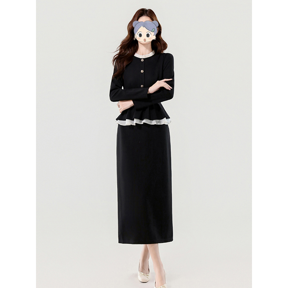 法式黑色假两件长袖连衣裙女秋季2025新款高级感小香风收腰裙子