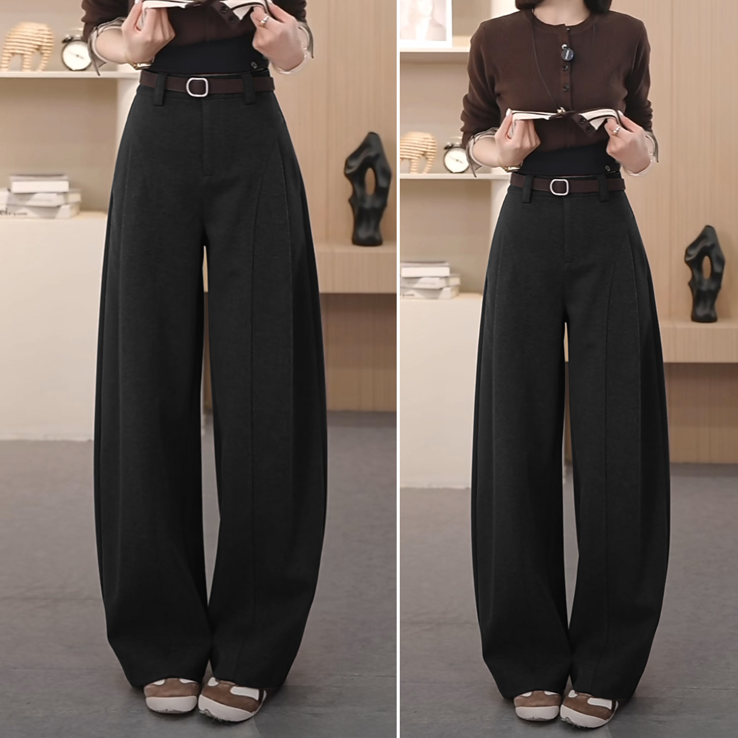 黑色巴黎绒毛呢阔腿裤女2025新款秋冬裤宽松弯刀裤高腰显瘦休闲裤