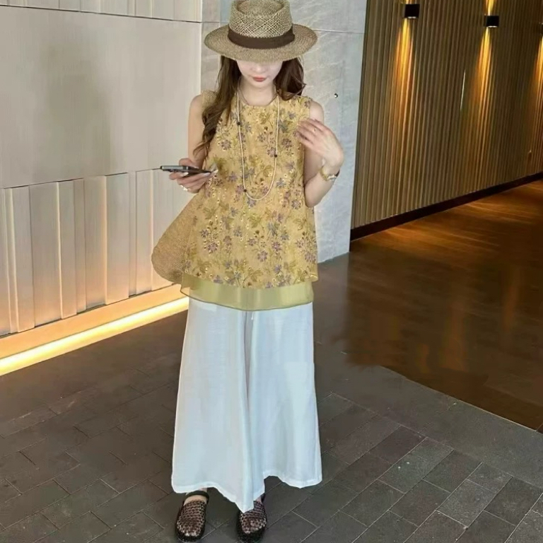 D999-2902【花海套装L】新中式夏季新款无袖背心马夹+阔腿裤两件套