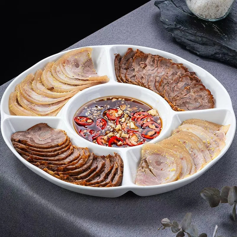 五格盘小吃盘纯白陶瓷卤水拼盘水果干果分格盘家用凉菜盘酒店饭店