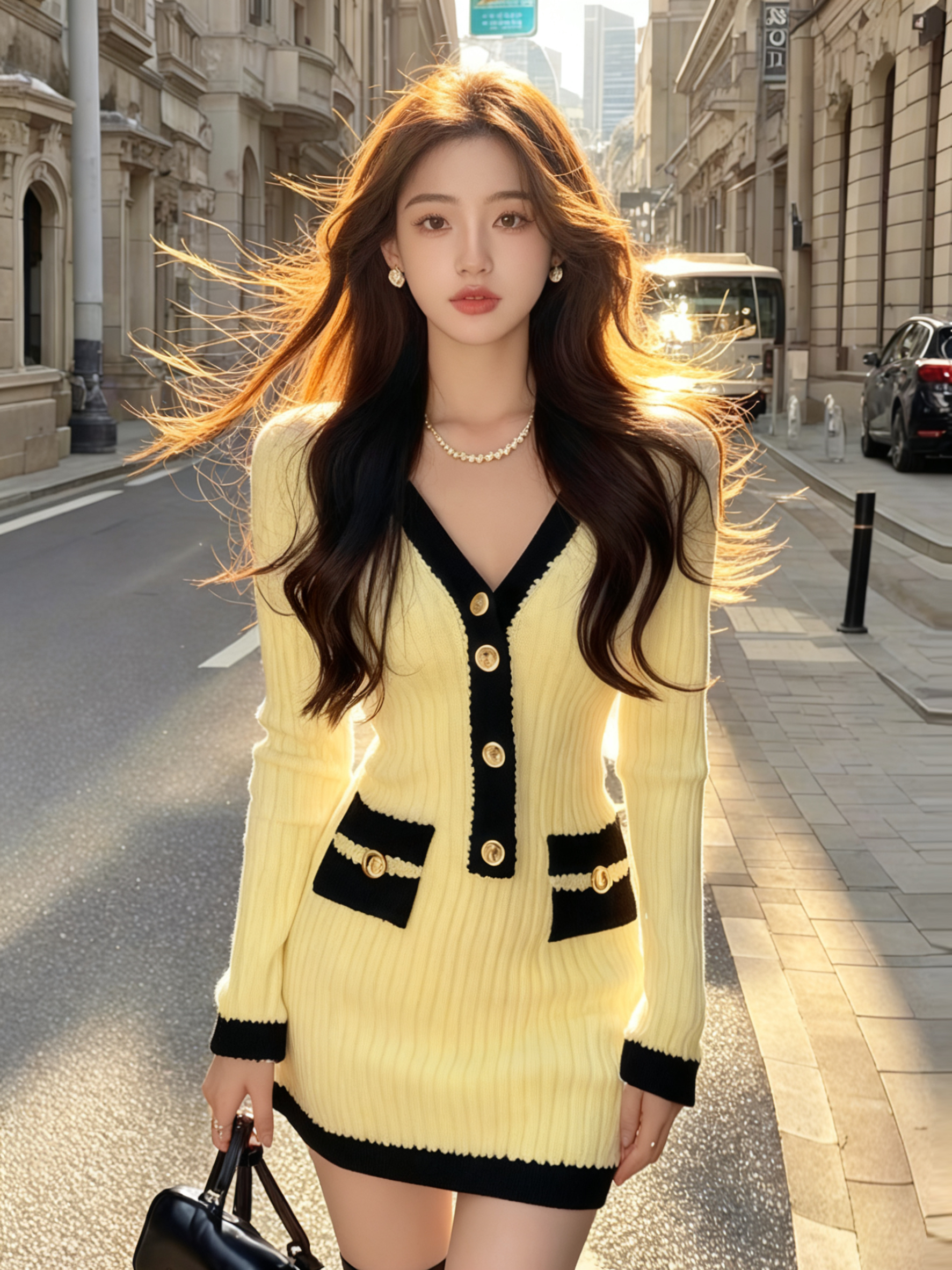 法式时尚轻奢小香风黄色V领系扣修身针织竖纹设计感包臀连衣裙