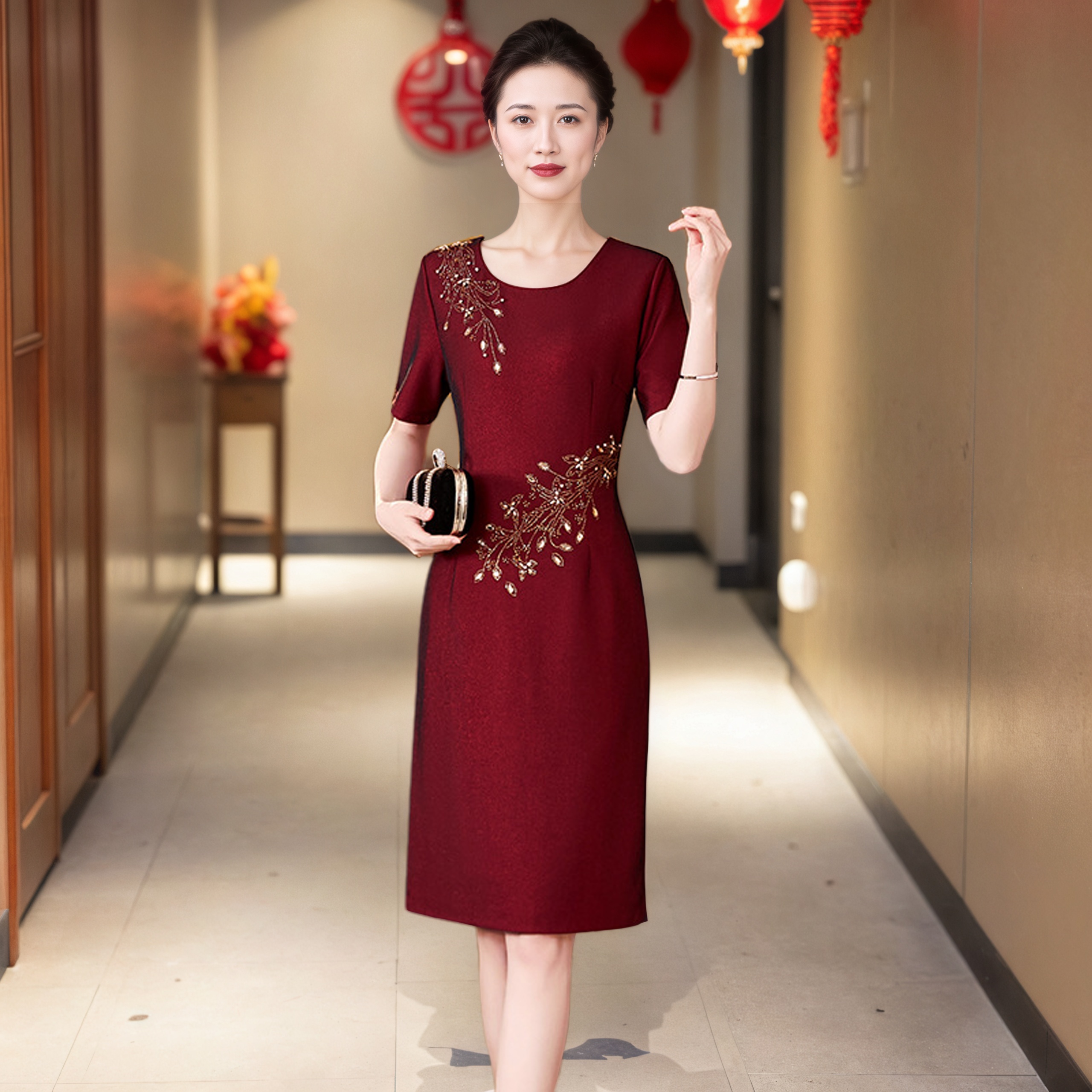 夏季2025新品小个子喜妈妈婚礼服宴会改良版旗袍J73高贵婚宴礼服