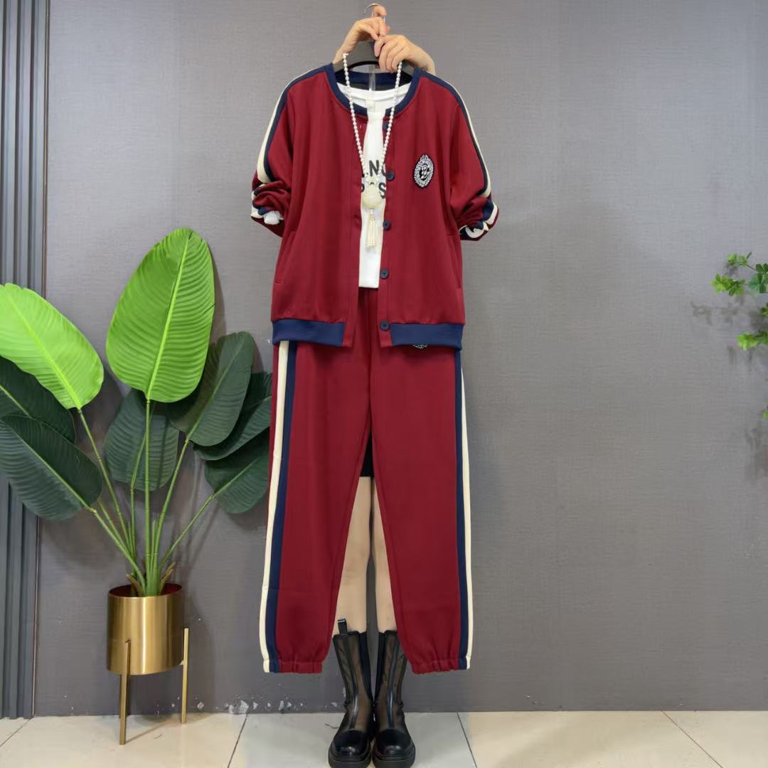 欧货时尚休闲洋气运秋季新款圆领棒球服遮肉显瘦胖mm妹妹减龄套装