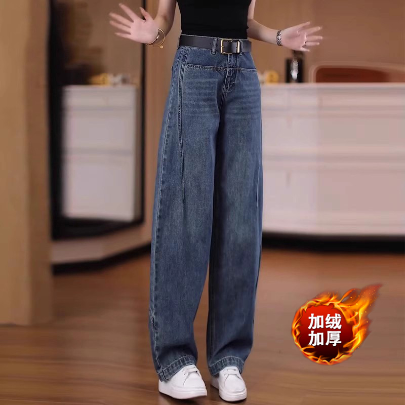 拉夏贝尔爆款加绒牛仔裤女2025秋冬高腰显瘦直筒小个子弯刀阔腿裤