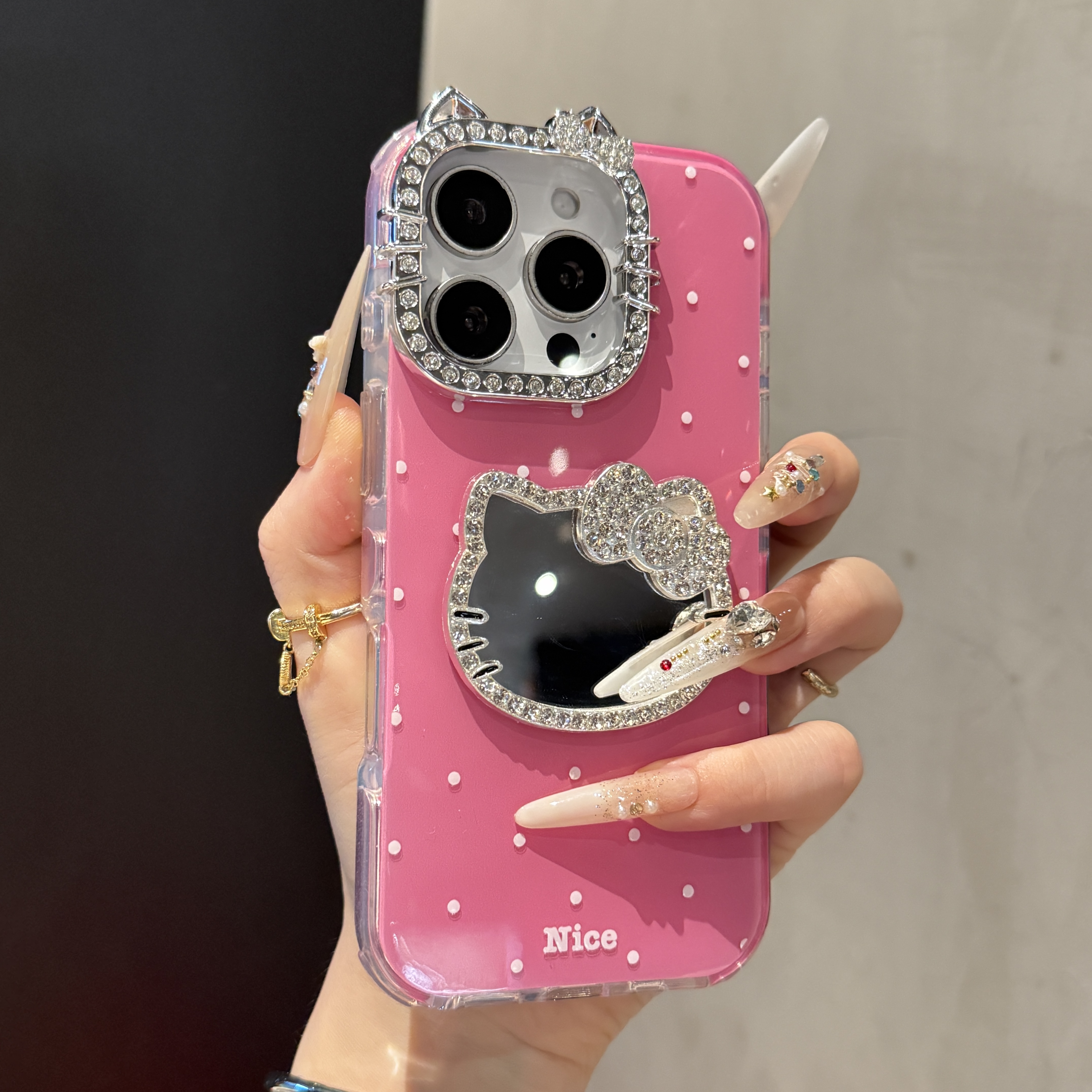 高级闪钻波点KT猫镜子适用苹果16promax手机壳iPhone15简约14新款