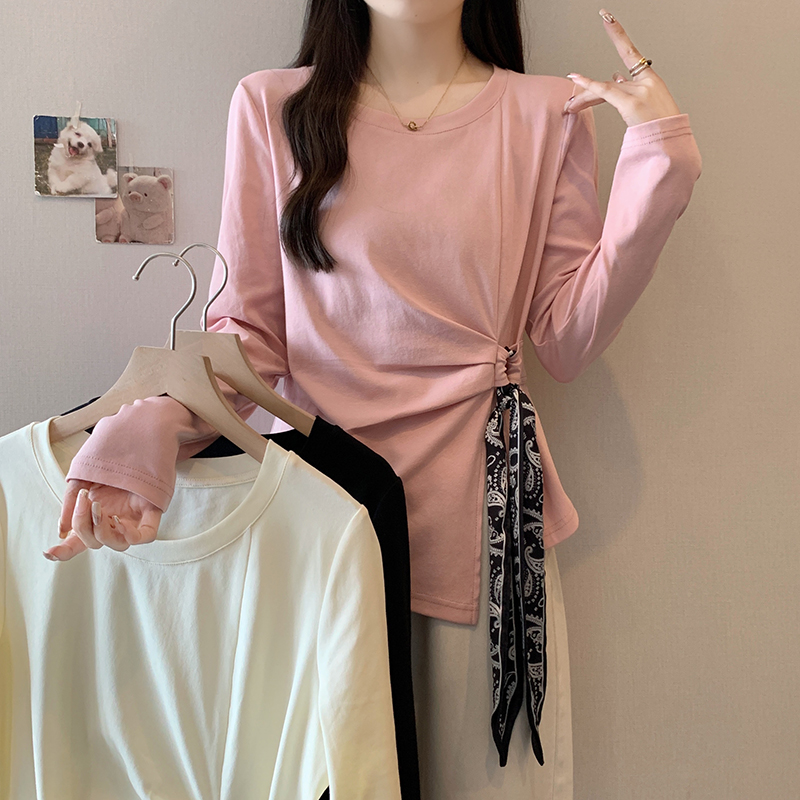 秋季新款大码女装时尚设计感圆领长袖T恤胖妹妹不规则遮肚子上衣