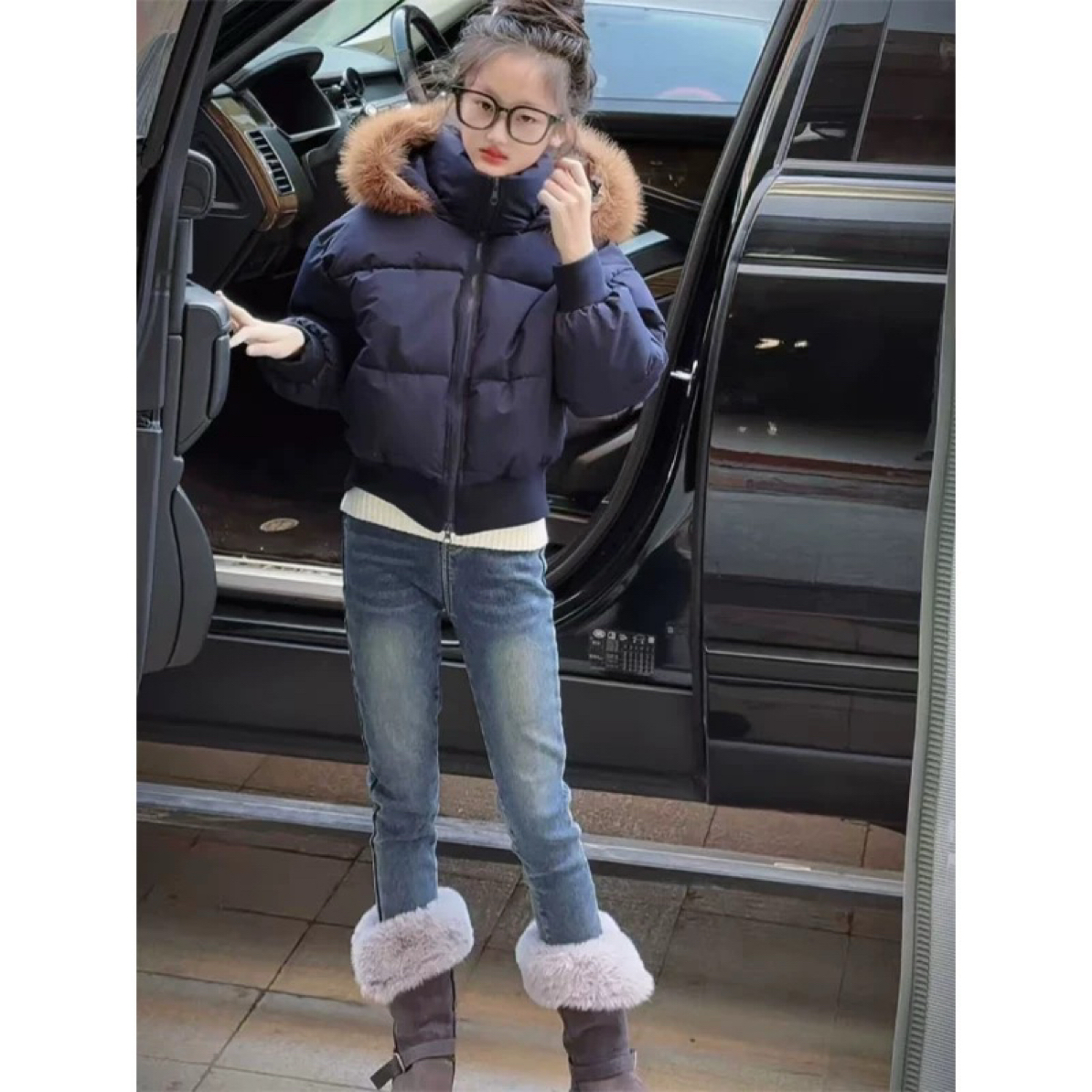 女童秋冬装加厚休闲棉服2025新款女孩冬款保暖大毛领连帽棉衣外套