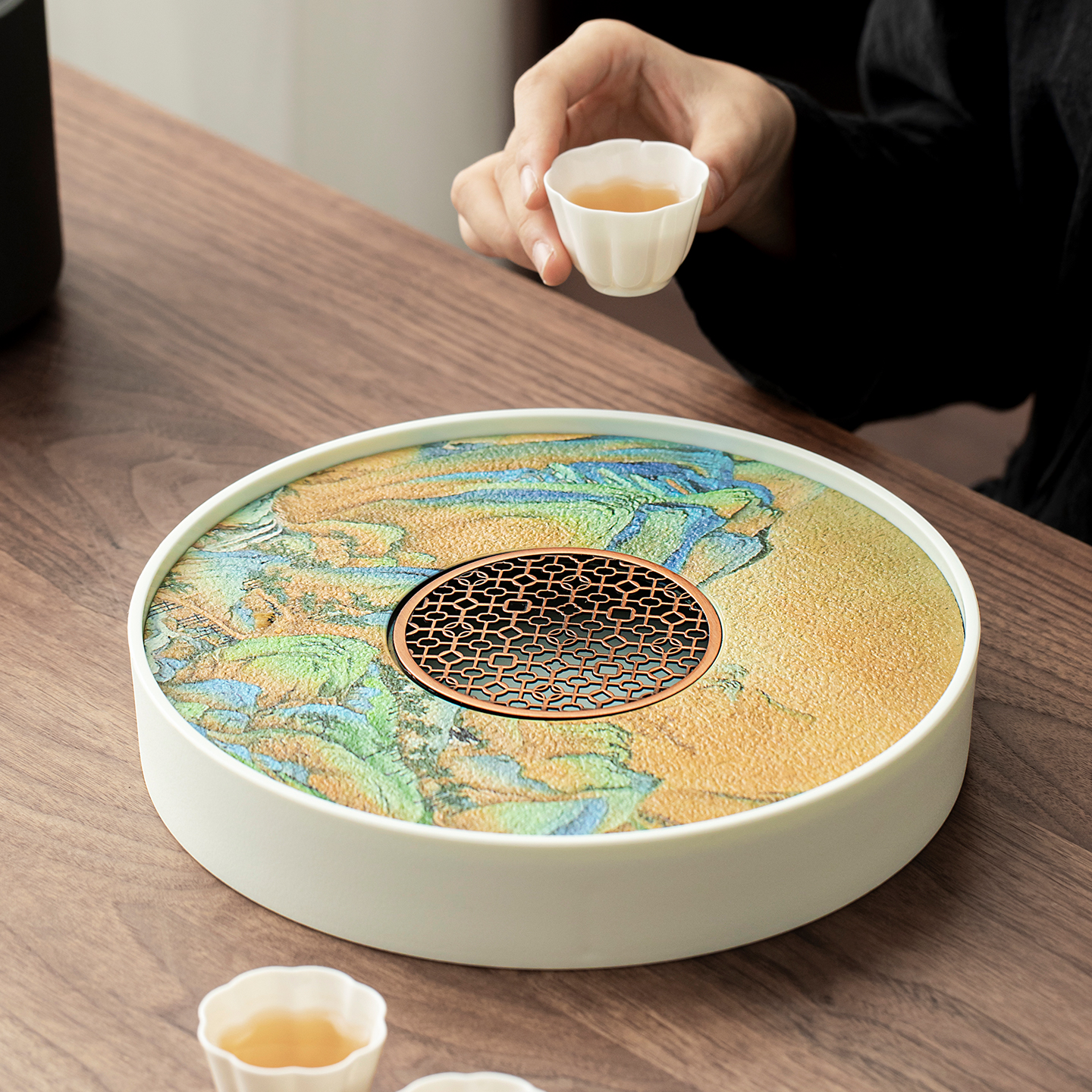 煌山陶瓷茶盘家用2025新款千里江山干泡茶托盘小型沥水功夫茶茶台