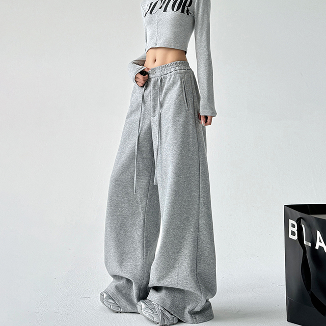 灰色抽绳卫裤女秋冬加长高腰直筒慵懒风宽松休闲阔腿运动裤