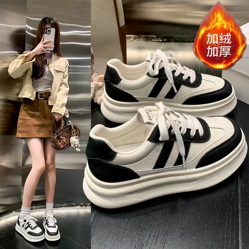 增高5cm」2025爆款秋冬加绒保暖休闲熊猫拼色增高厚底小白鞋