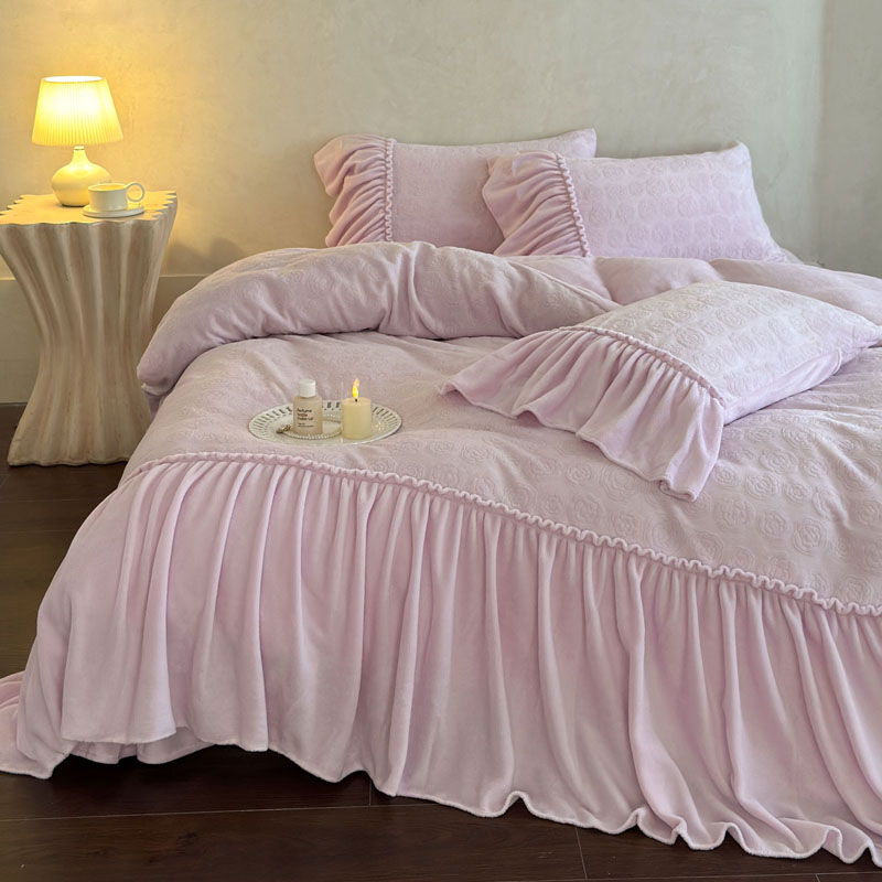 冬季公主风牛奶绒提花四件套珊瑚绒蕾丝花边被套加绒加厚床裙床单