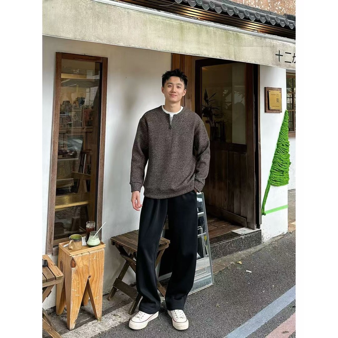 冬季新款老钱风男士加绒简奢雪花针织呢半拉链假两件加厚混卫衣