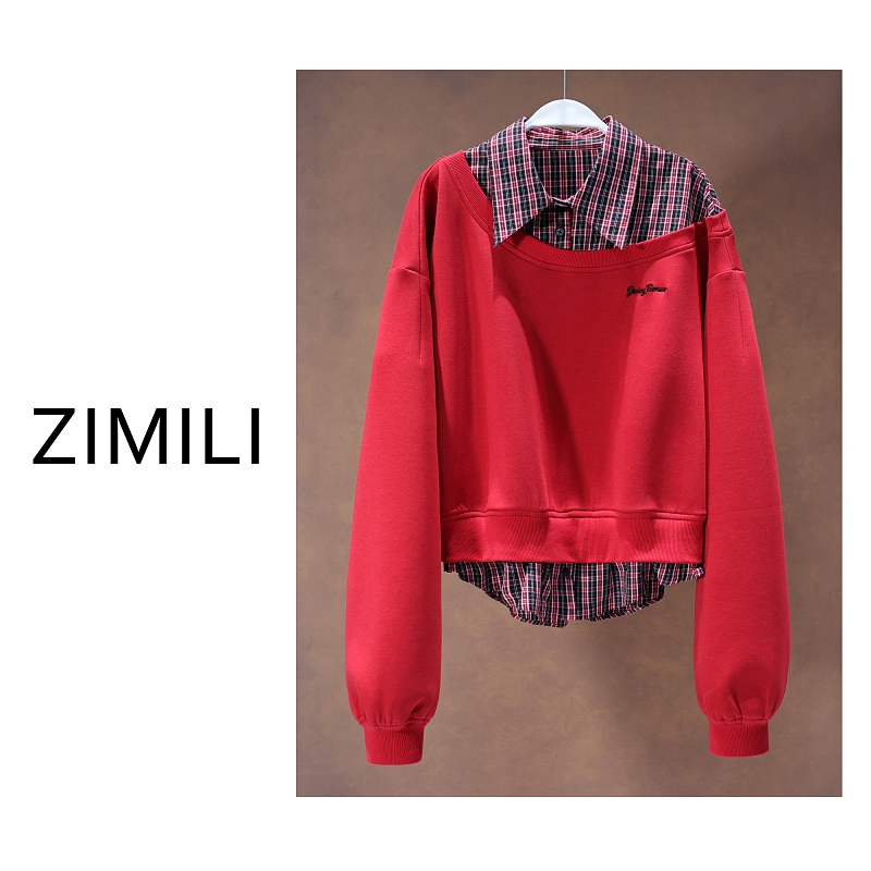 【亮哥欧货女装】冬季加厚《胭脂红》拼接衬衣领假两件卫衣26595