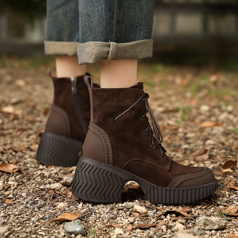 8cm复古厚底坡跟短靴女2025冬新款系带真皮高跟松糕防水台马丁靴