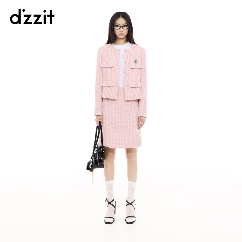 dzzit地素短外套春秋小香风珠片银葱粗花呢粉红色女3J1F408