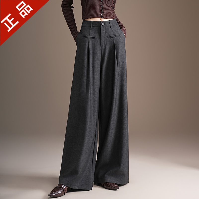 正品哥弟新款2025秋冬女装时髦气质羊毛阔腿休闲裤高腰显瘦拖地裤