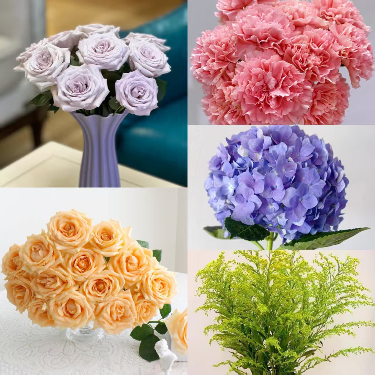 【云舍花卉】蜜桃雪山+朵拉随机+粉钻康乃馨+随机绣球1支+黄莺草1份