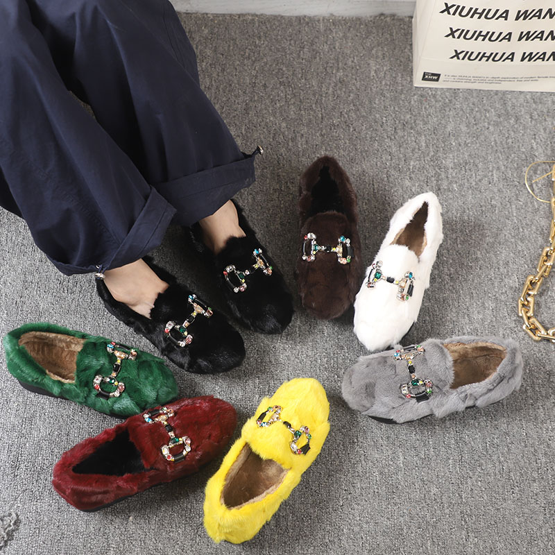 英伦风水貂毛彩钻5厘米防滑厚底女冬外穿豆豆鞋女加绒加厚棉鞋女