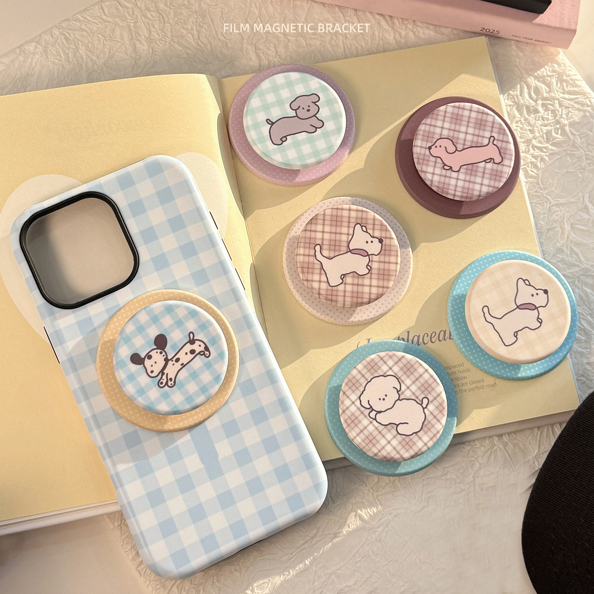 撞色格纹小狗适用Magsafe 磁吸支架菲林手机气囊支架伸缩便携卡通