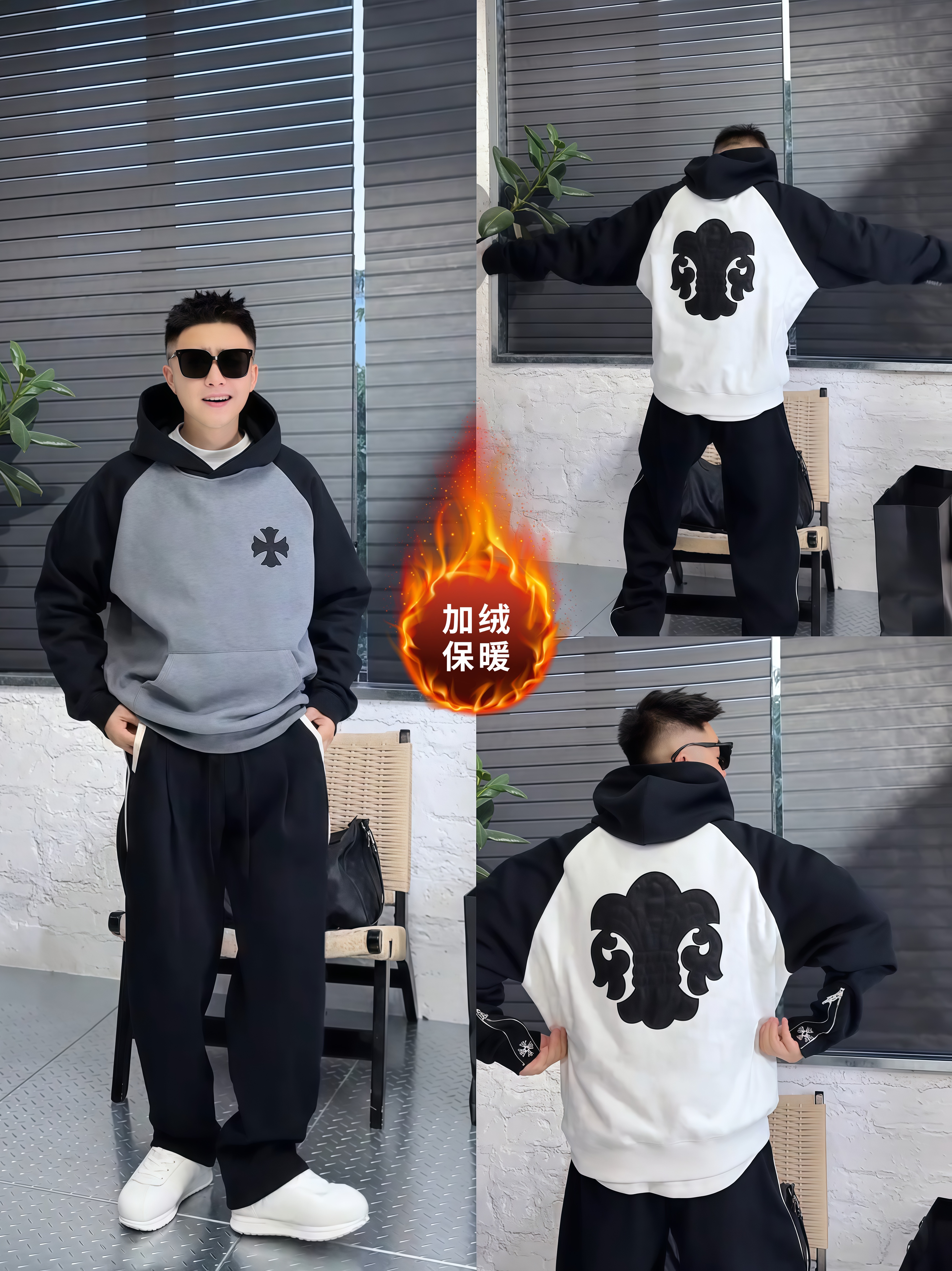 2025年秋冬加绒拉链袖贴皮十字花连帽卫衣冬季加绒加厚休闲帽衫
