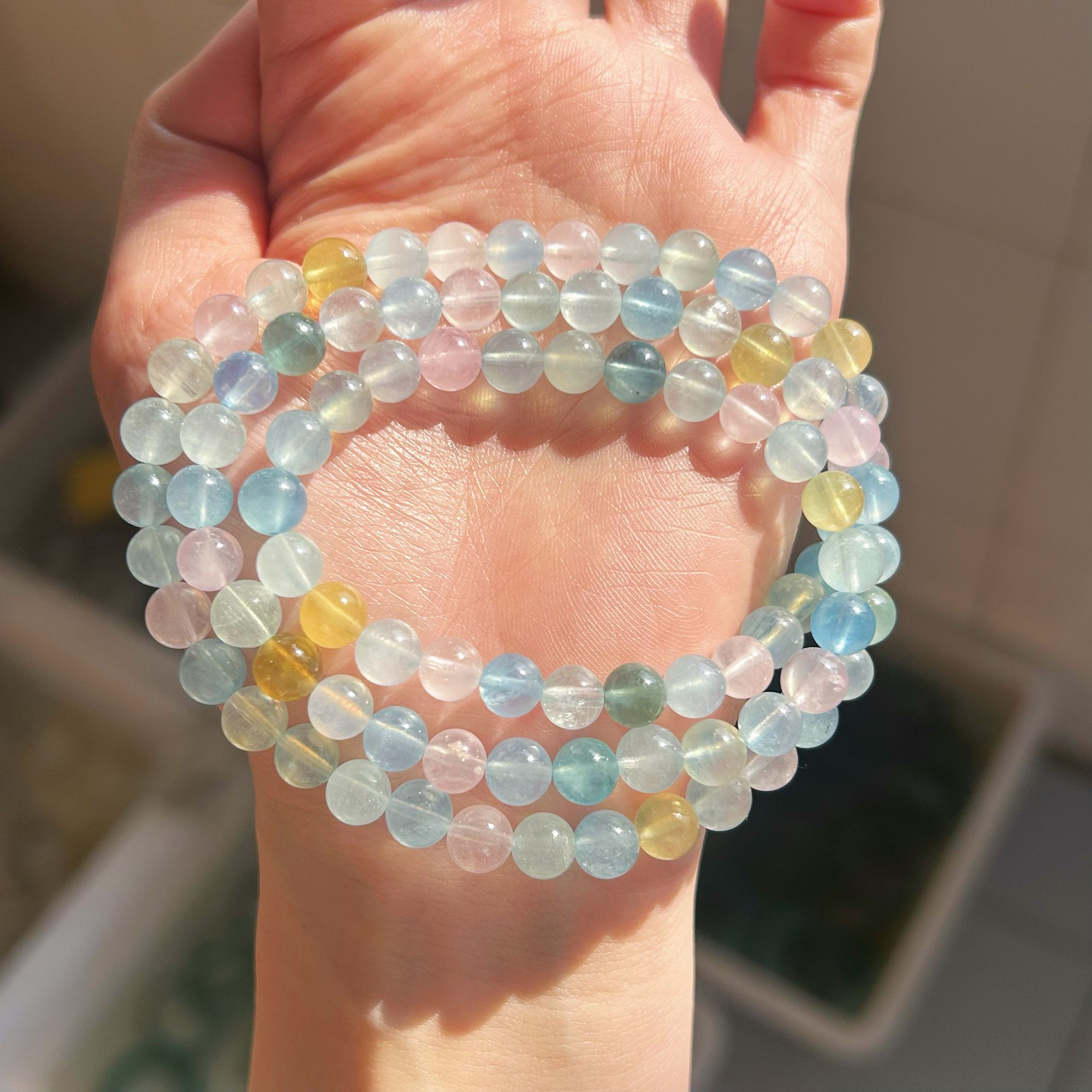 摩根石糖果手串海蓝宝冰种马卡龙色绿柱石三圈天然气质手链小清新