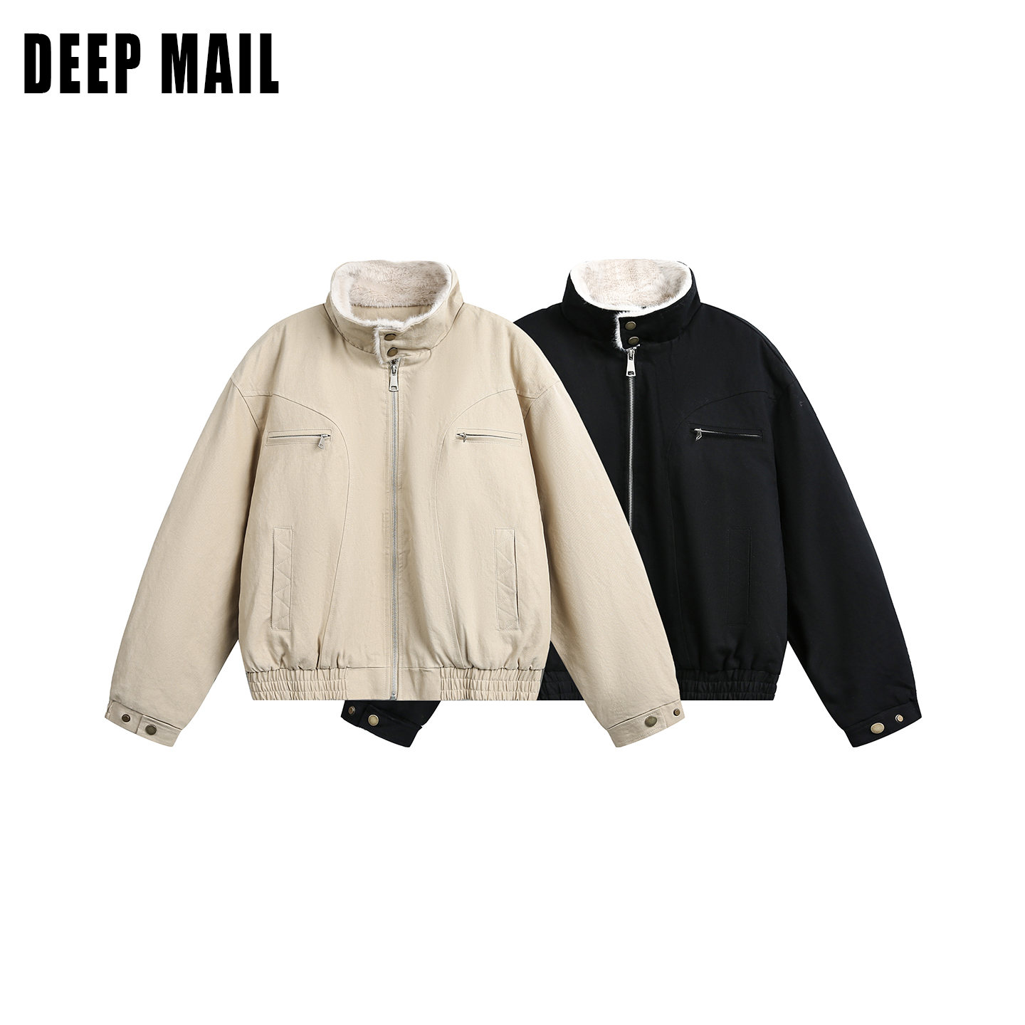 DEEPMAIL 短款棉服秋冬男士美式工装棉衣宽松黑色拼接立领
