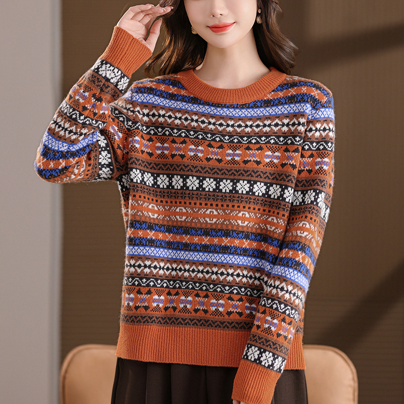 复古提花羊毛衫女100纯羊毛打底衫大码胖mm巨显瘦毛衣2025年新款