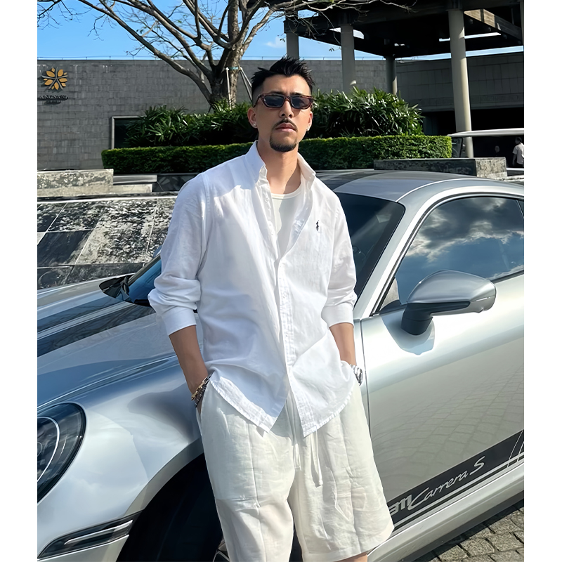 白色小马刺绣亚麻衬衫男款夏季松弛感轻薄衬衣美式慵懒风外套