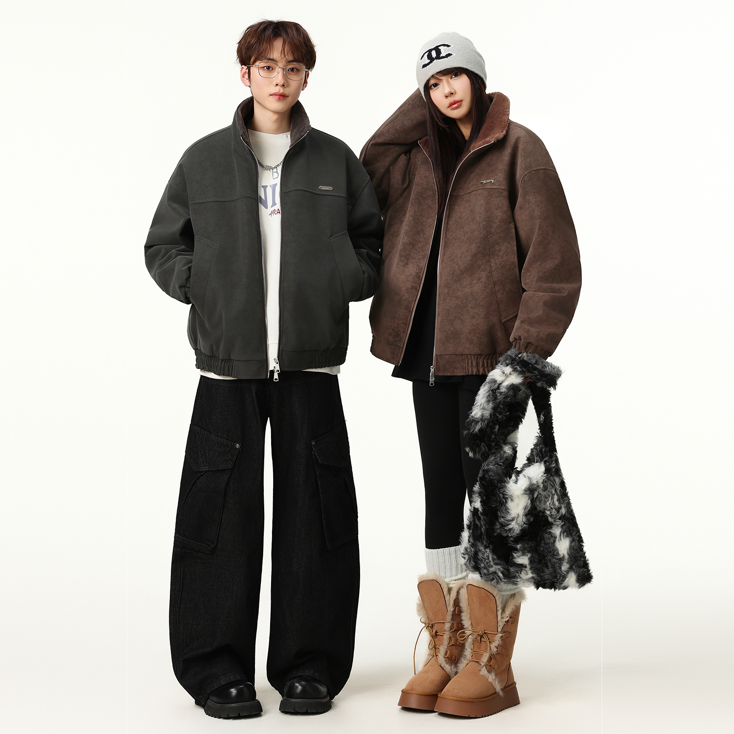 MANRE SHOW冬季新款加绒加厚皮夹克男潮流显瘦潮流保暖座山雕外套