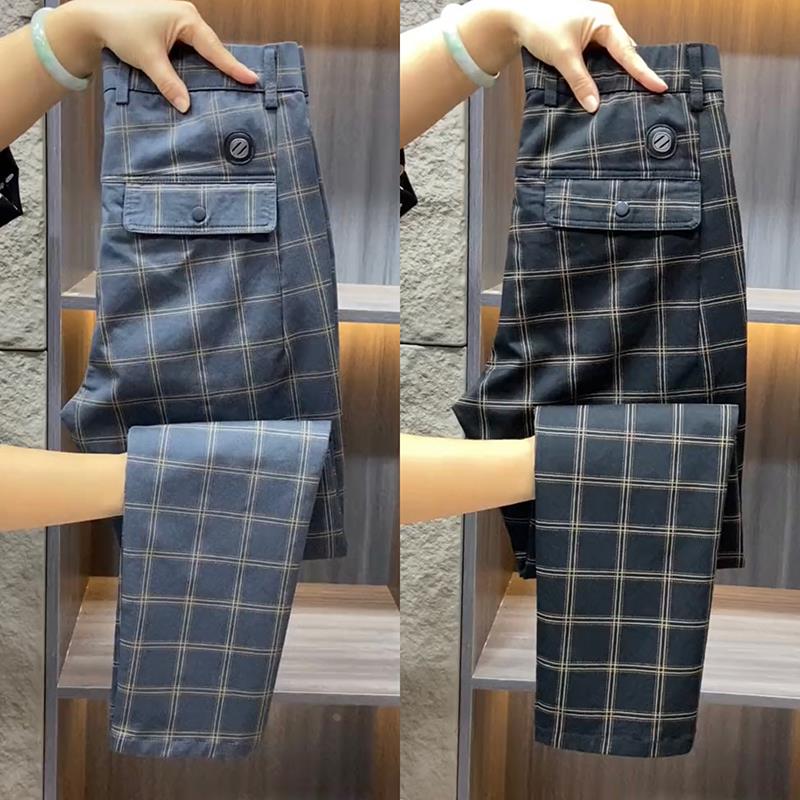 高档欧货格子休闲裤春秋新款高奢男士直筒裤时尚修身小直脚西裤男