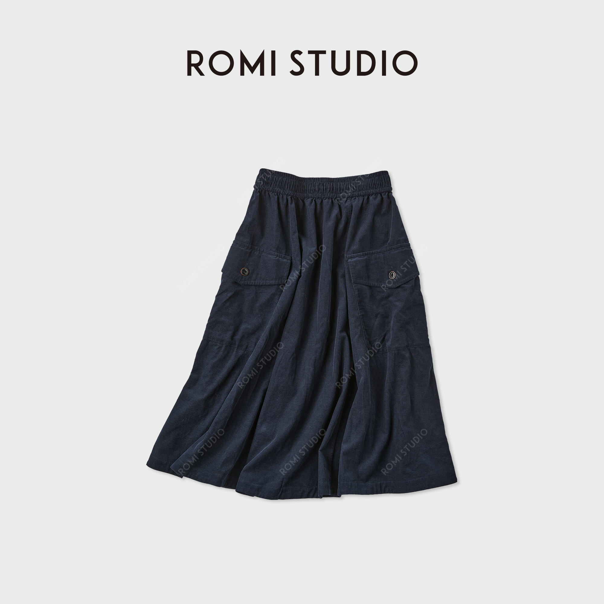 ROMI STUDIO“原生蓝染”手工技艺棉感松紧A摆工装半身裙RWCAX66366