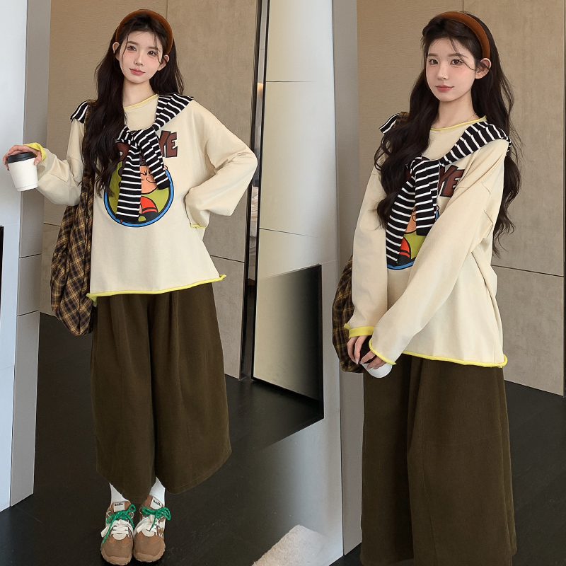韩系减龄2025拼色卡通套头卫衣披肩两件套灯芯绒八分裤子套装女