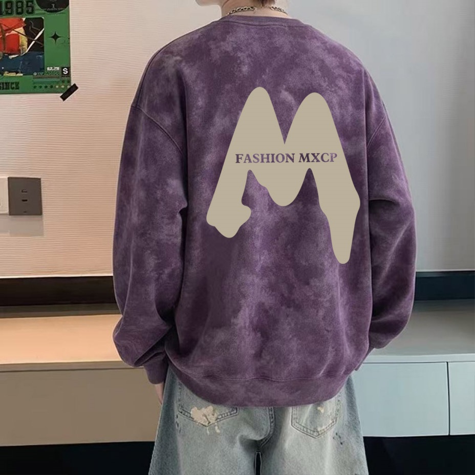 美式潮牌大码扎染圆领卫衣男秋冬季潮流宽松百搭上衣青少年打底衫