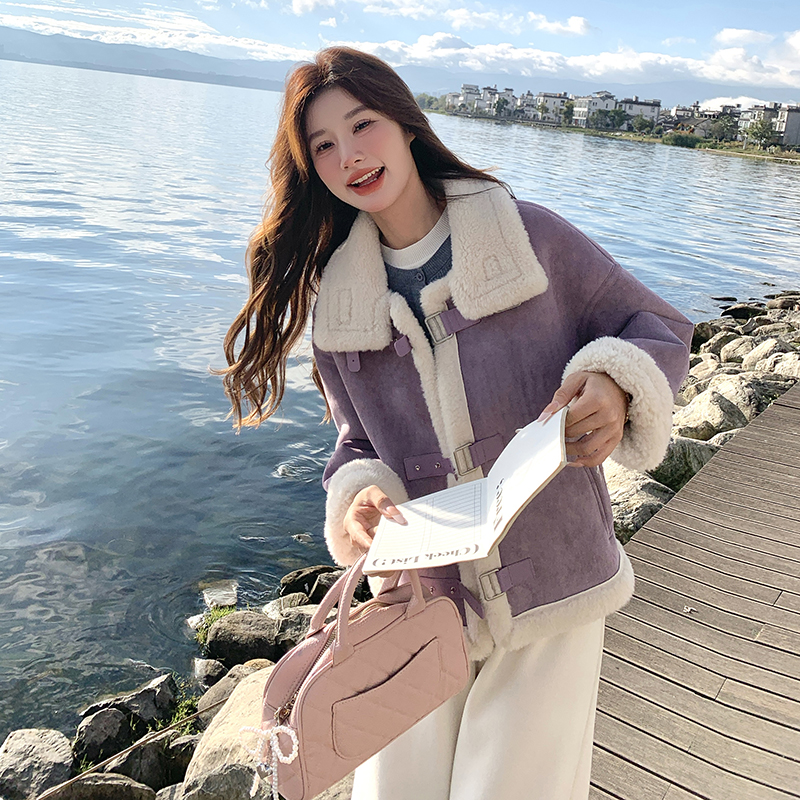 紫色翻领超好看羊羔毛外套女2025冬季小个子保暖减龄皮毛一体棉服