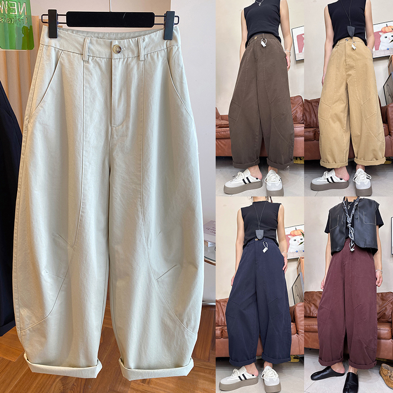 秋季100棉弯刀裤子大码女胖mm显瘦梨型身材高腰阔腿裤休闲镰刀裤