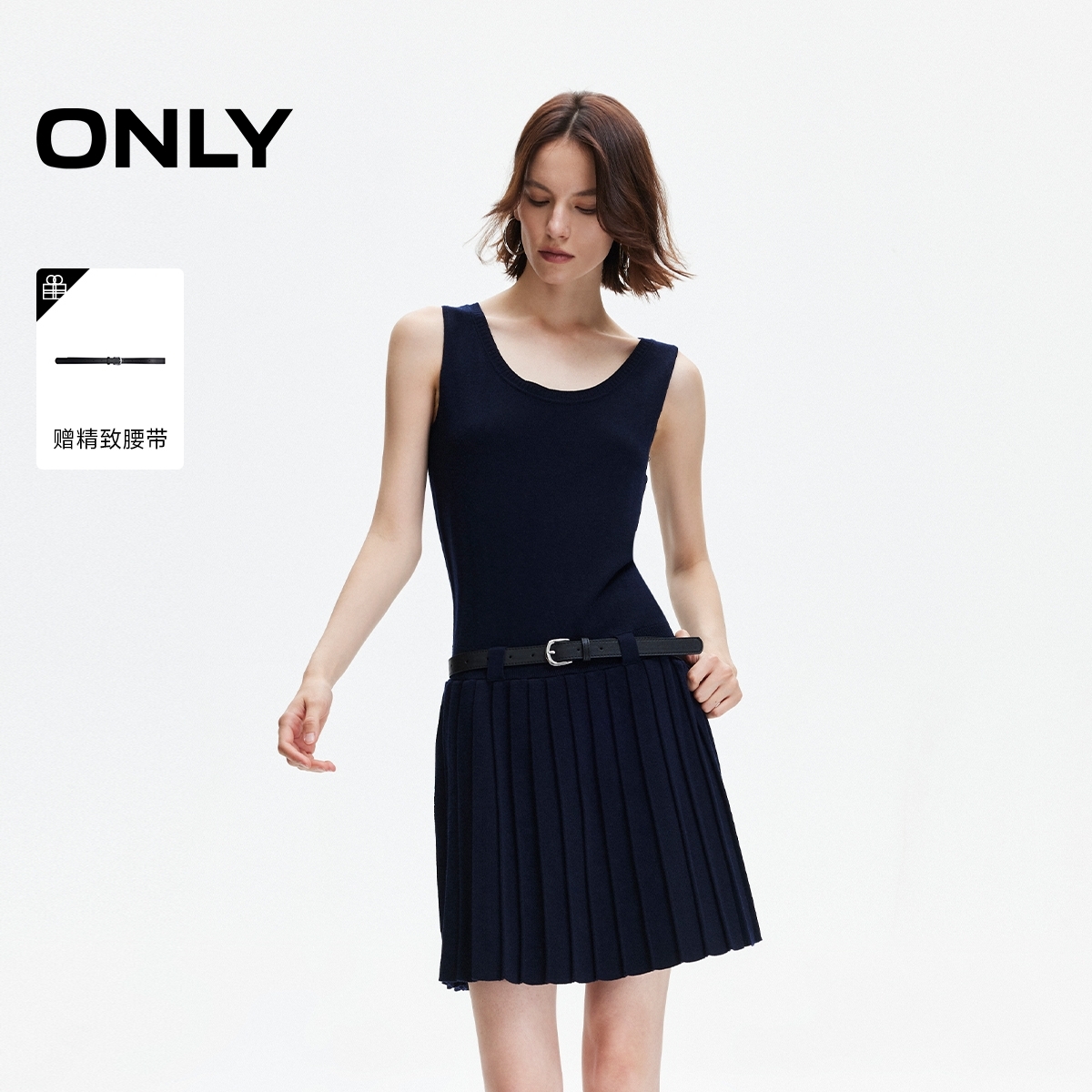 ONLY2025秋季新款无袖圆领针织短裙百褶裙连衣裙女|125346004