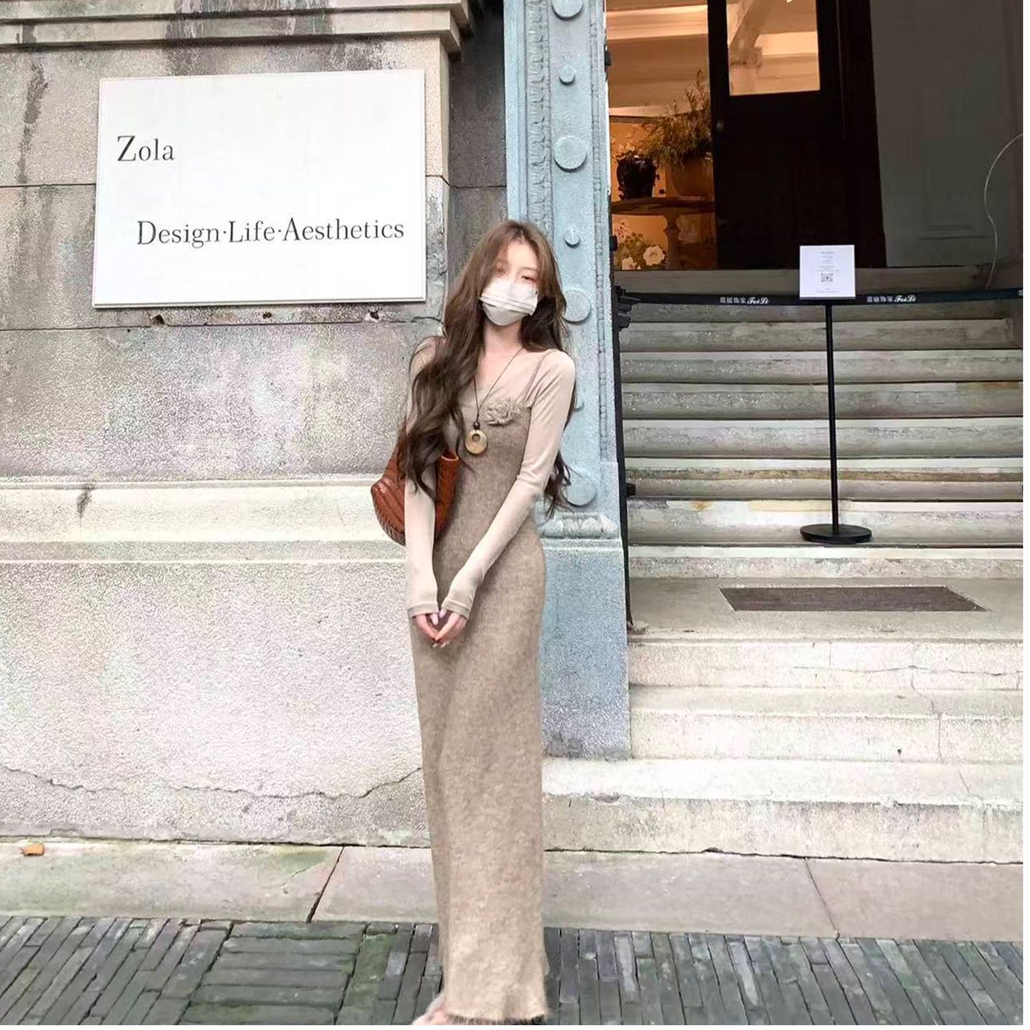 针织叠穿圆领打底衫上衣+柔糯针织连衣裙自带高级感两件套C 9750#