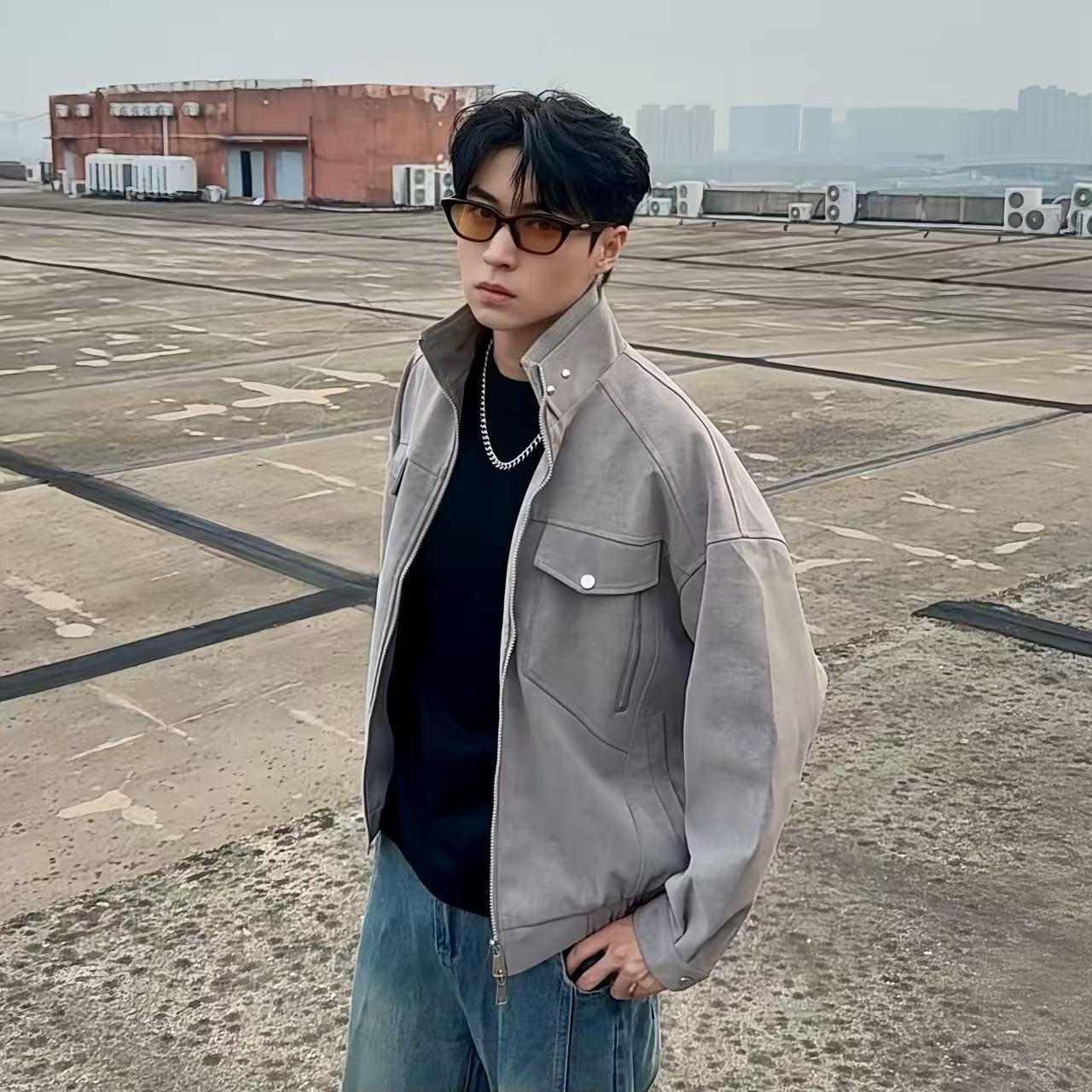 美式扎染pu皮夹克男秋季潮牌痞帅哈灵顿工装外套高级感立领机车服