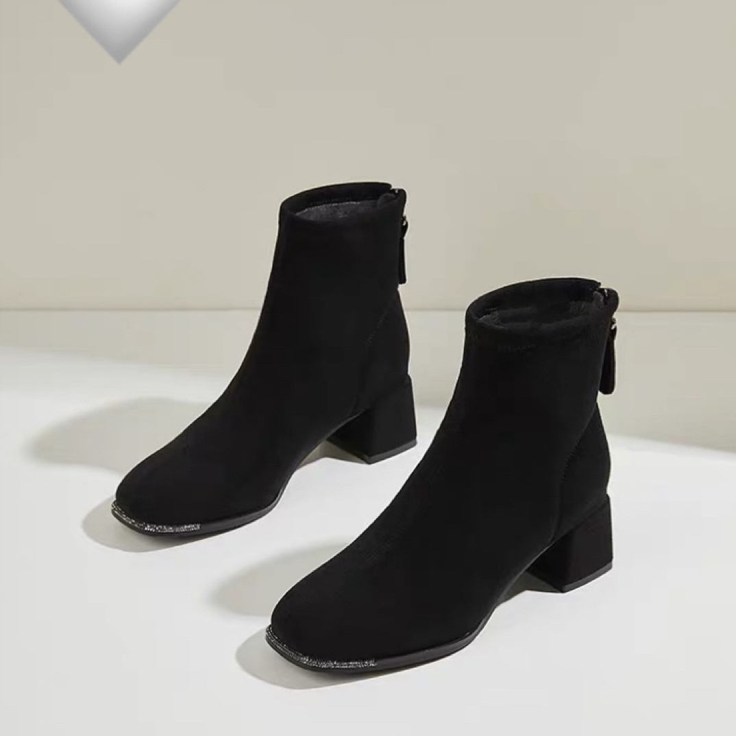 粗跟短靴黑色韩版方头加绒瘦瘦靴秋冬百搭时装靴后拉链女