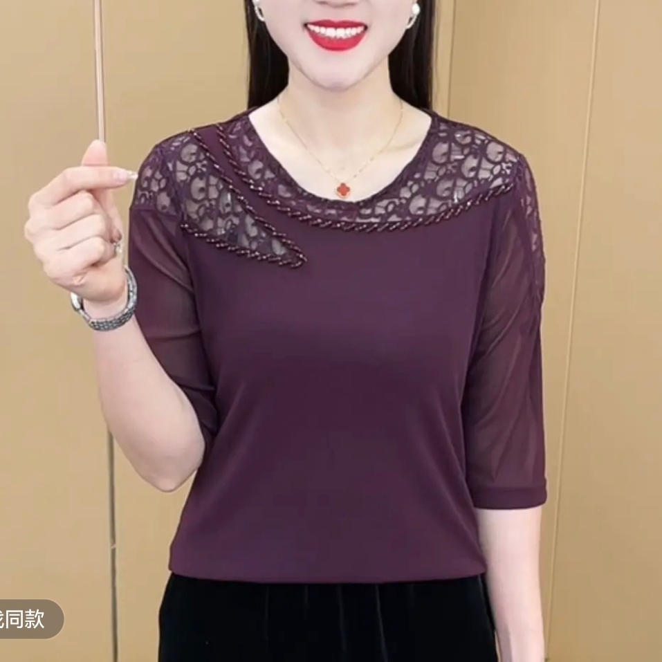 夏季新款时尚圆领镂空蕾丝设计洋气小衫休闲百搭七分袖上衣M1355