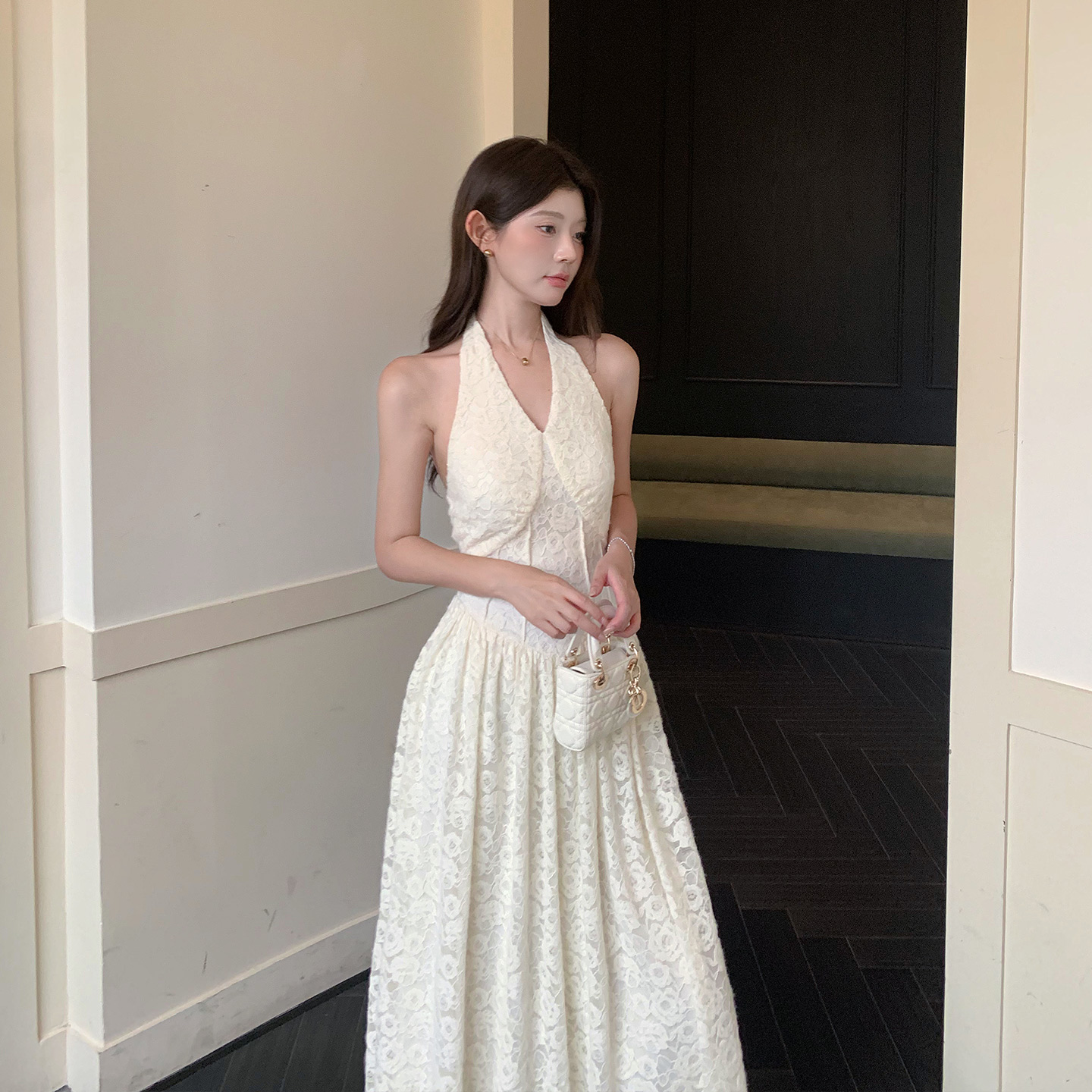 knowfeel studio法式复古挂脖蕾丝连衣裙女名媛风约会度假仙女裙