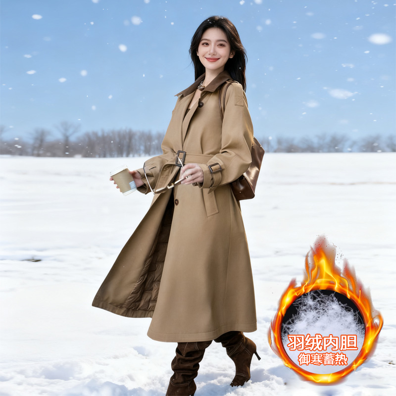 风衣羽绒服女中长款2025冬季新款羽绒内胆气质英伦风收腰大衣外套