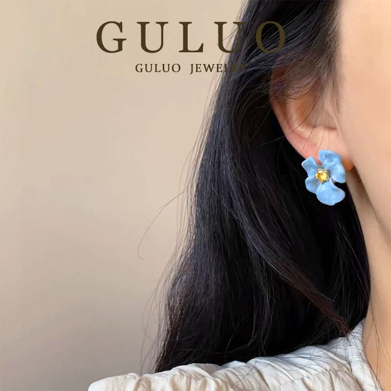 铜合金耳饰 【小兰花】莫兰迪色花朵蓝色耳钉晕染小众百搭轻奢耳饰