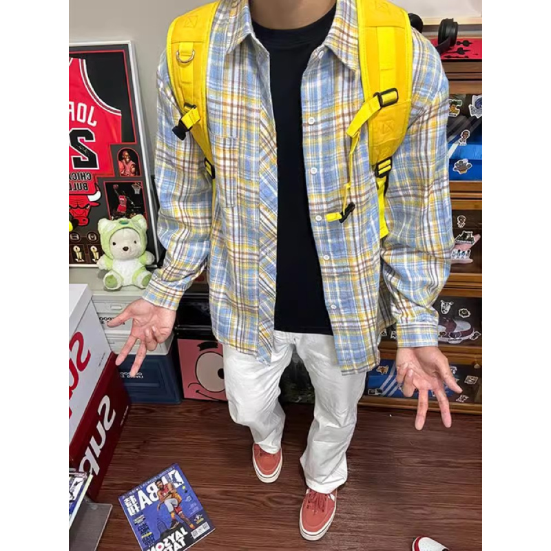vintage黄蓝色磨毛格子衬衫男高级感长袖衬衣美式复古情侣薄外套