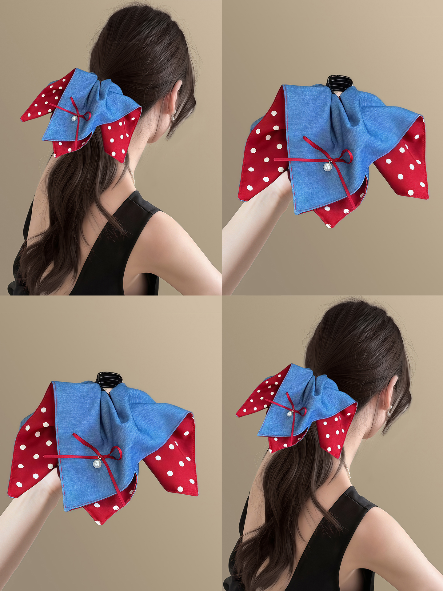 红蓝撞色~韩系波点蝴蝶结方巾马尾夹2025新款发夹鲨鱼夹旅行发卡