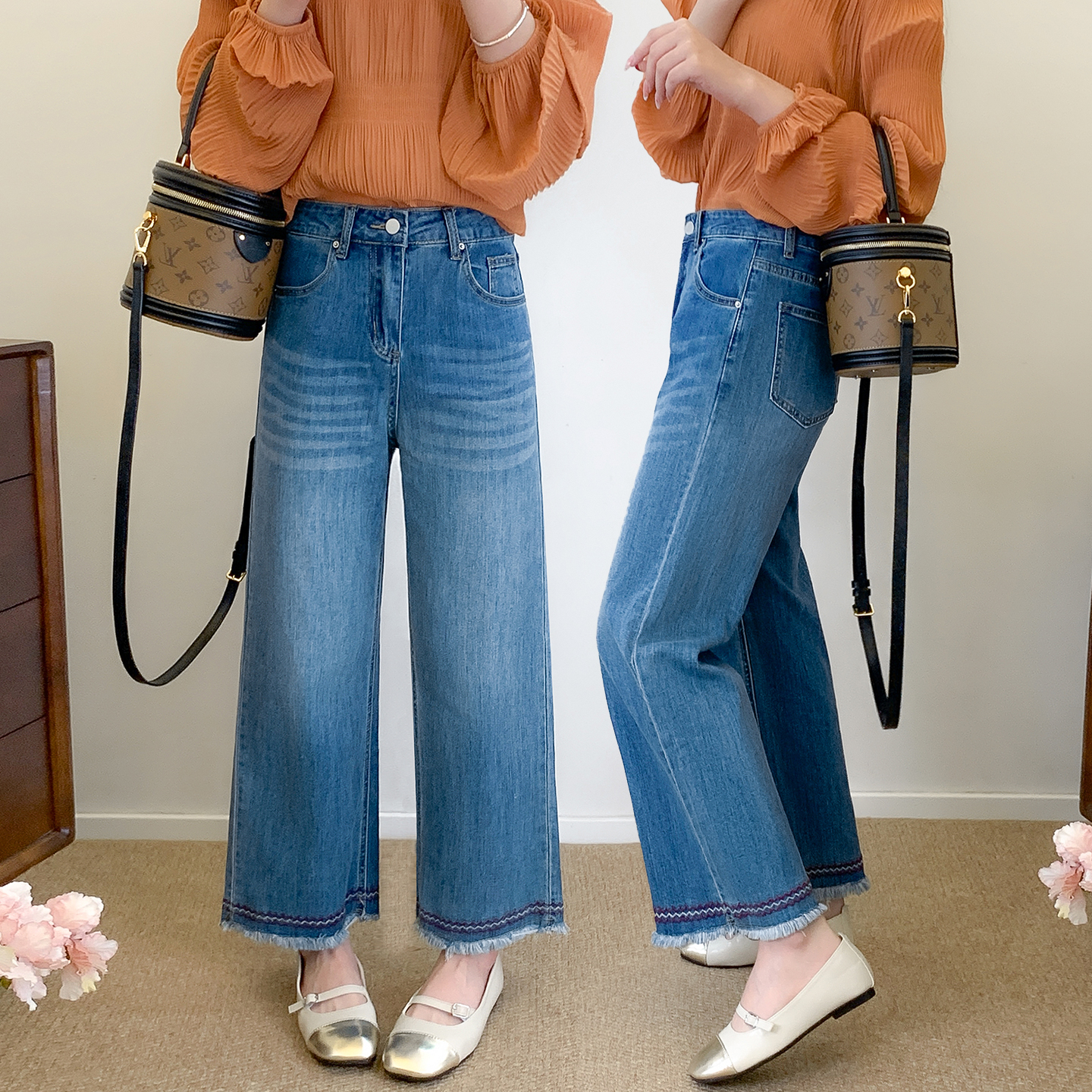 设计感弹力直筒牛仔裤女秋季新款胖妹妹mm梨形身材显瘦刺绣直筒裤