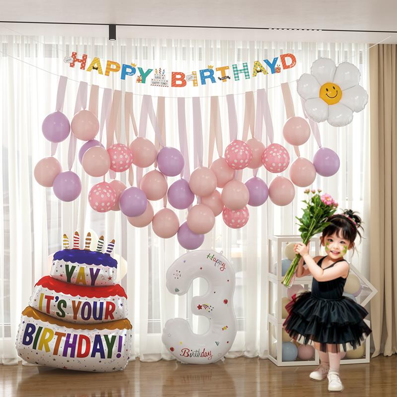 小女孩宝宝儿童周岁生日快乐装饰场景布置数字气球2岁3岁两岁三岁