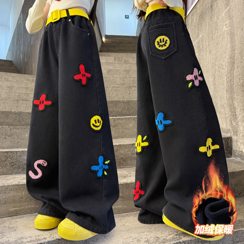 女童黑色牛仔裤中大童宽松6-12岁加绒潮款裤子秋季休闲牛仔秋冬